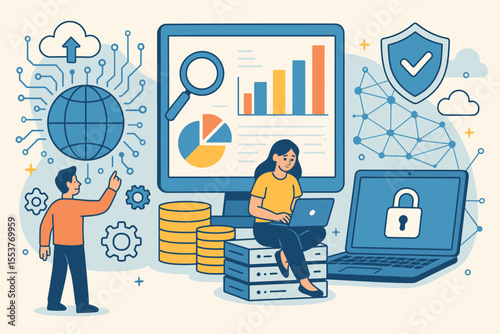 Big data analytics, secure computer networks, cloud computing, cybersecurity concept. Vector illustration of data analysis, information protection, network security, digital technology, teamwork