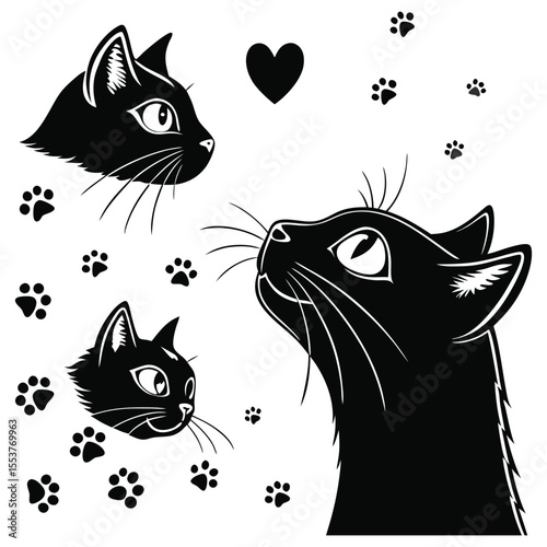 Endearing black cat illustration with hearts and paw prints above, perfect for cat lovers, posters, or cozy wall art.