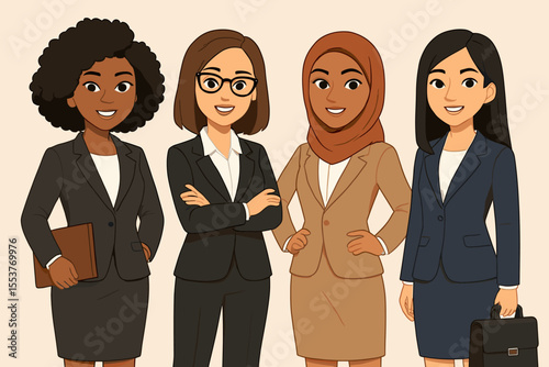 Diverse professional businesswomen team in office attire. Multicultural female executives, leadership, teamwork, corporate diversity, business meeting, career women. Vector cartoon illustration