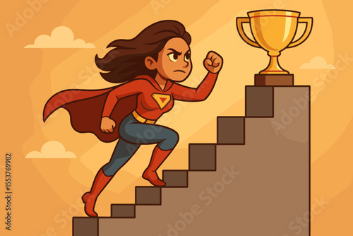 Empowered superhero woman climbing stairs to victory, determination and ambition, goal achievement, leadership, motivation, success concept, trophy reward, vector cartoon illustration
