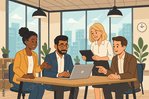 Diverse business team meeting collaboration in modern open office. Professional coworkers brainstorming, discussing project strategy, teamwork, technology, digital devices, corporate workspace vector