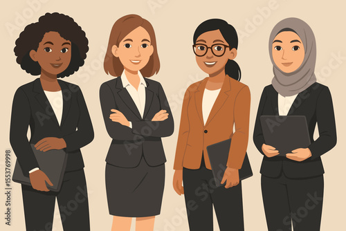 Diverse businesswomen team in professional office attire. Multicultural female executives, corporate leaders, managers, entrepreneurs. Vector illustration. Modern workplace diversity concept