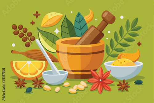 Colorful vector illustration featuring a flat cartoon collection of various spices, herbs, and kitchen tools arranged in a vibrant scene