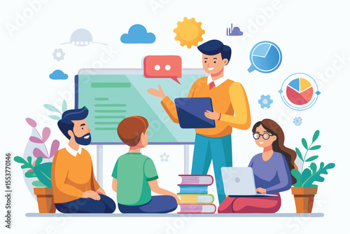 Business presentation on education featuring a group discussion with digital tools and visual aids in a contemporary learning environment