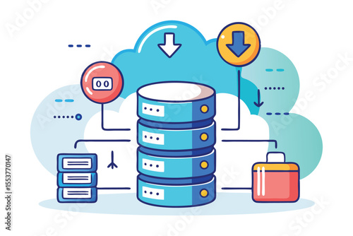 Cloud database server illustration showcasing data storage, management, and accessibility featuring storage units and connection symbols