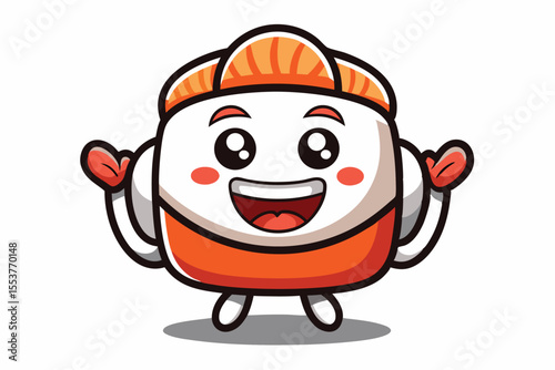 Cheerful sushi roll character design featuring a smiling face and playful pose suitable for logo applications or branding materials