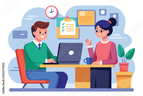 Job candidate participates in virtual interview while seated at a desk in a contemporary workspace with digital elements and plant decor