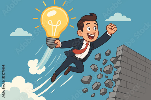 Entrepreneur breaks barriers with creative ideas, flying with lightbulb, overcoming obstacles, achieving business goals, innovation success, motivation, leadership, vector cartoon illustration