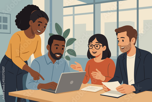 Diverse business team brainstorming, collaborating at office table with laptop, documents, teamwork discussion, professional meeting, multicultural colleagues, modern workplace vector illustration