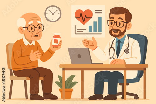Senior patient consulting cardiologist doctor about heart health, hypertension, prescription medication, medical advice, healthcare checkup, hospital visit, vector cartoon illustration, elderly care