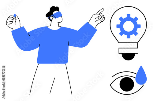 Person wearing VR headset interacting, surrounded by lightbulb with gear, eye with drop. Ideal for technology, innovation, virtual reality, creativity, problem-solving, research futuristic themes