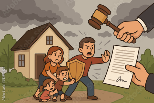 Family Facing Home Eviction, Mortgage Foreclosure Crisis, Legal Dispute Over Property, Bankruptcy, Financial Hardship, Protection, Stress, Sad Parents and Children, Vector Illustration