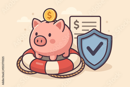 Cute Piggy Bank on Lifebuoy with Shield and Dollar Coin. Financial Security, Savings Protection, Insurance, Budget Planning, Investment Safety, Money Management Vector Cartoon Illustration