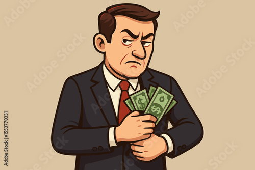 Businessman Hiding Cash Illustrating Financial Fraud, Corporate Corruption, Unethical Practices, Money Laundering, Bribery, Greed, White Collar Crime, Vector Cartoon Illustration