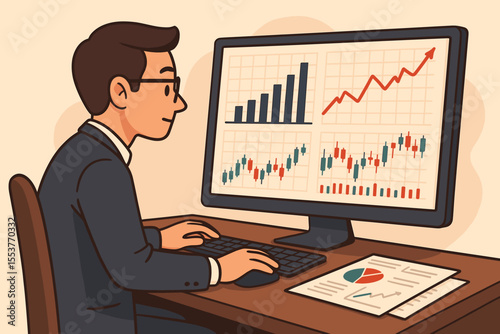 Businessman Analyzing Financial Data on Computer Screen with Stock Market Charts, Bar Graphs, Candlestick Patterns, Growth Trends, Office Desk, Vector Illustration for Finance and Investment Concepts