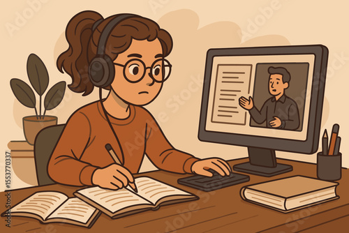 Concentrated female student studying online at home, taking notes from virtual class, distance learning, remote education, e-learning, digital classroom, cartoon vector illustration, cozy workspace