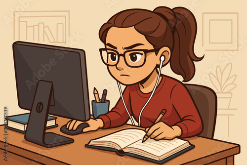 Focused female student studying online at desk with computer, headphones, open book, pencil, distance learning, e-learning, research, remote education, cartoon vector illustration, workspace