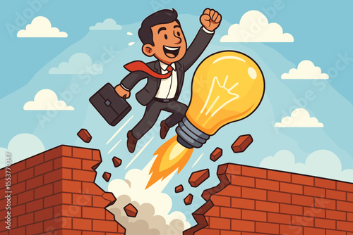 Businessman breaking barriers with creative innovation, flying over obstacles on rocket lightbulb, symbolizing success, leadership, achievement, motivation, and breakthrough ideas. Vector cartoon