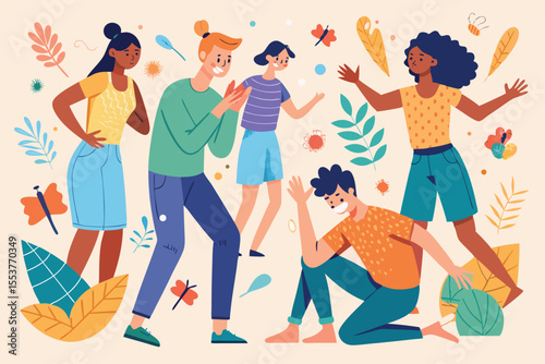 Collection of people sharing experiences related to body rash allergy in a cheerful outdoor setting