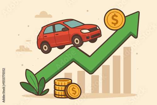 Car Value Increase, Rising Auto Market Price, Financial Growth, Investment, Red Vehicle on Upward Arrow Chart, Money Coins, Economic Trend, Automotive Industry Success, Vector Illustration