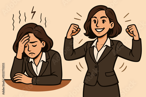 Businesswoman Overcoming Stress and Frustration, Gaining Confidence and Inner Strength, Self-Esteem Boost, Empowerment, Motivation, Transformation, Success, Vector Cartoon Illustration