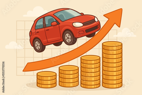 Rising Car Value and Automotive Market Growth Concept. Red Vehicle on Upward Arrow Chart with Stacked Gold Coins. Financial Investment, Auto Sales Profit, Economic Increase Vector Illustration
