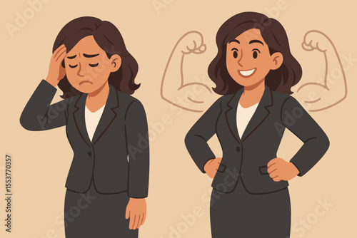 Businesswoman transformation from sad and frustrated to strong and confident. Before and after concept of self-esteem, empowerment, personal growth, and positive thinking. Vector.