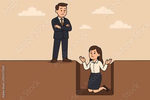 Gender Discrimination Concept, Man Standing Above Woman in Pit. Unequal Opportunities, Business Workplace Hierarchy, Social Injustice. Vector Cartoon Illustration.