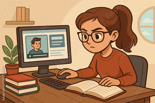 Cartoon female student studying online at home, distance learning with computer, open book, digital education, e-learning, research, homework, cozy workspace, academic success concept