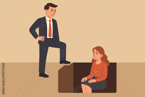 Workplace sexism and gender inequality vector. Male boss showing dominance over a female employee trapped in a hole. Metaphor for misogyny, oppression, and career obstacles.
