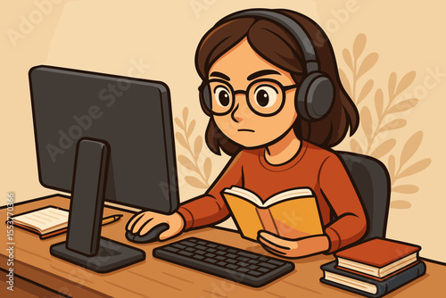 Focused female student studying online at desk with computer, headphones, books, and notebook. Distance education, e-learning, research, academic learning, remote study, cartoon vector illustration