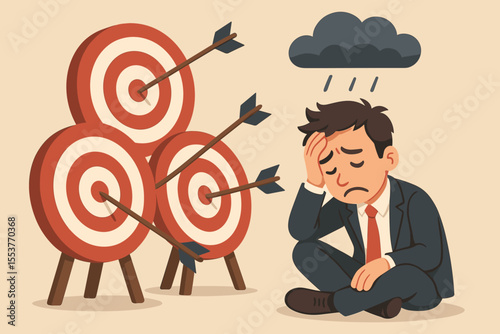 Frustrated businessman missing targets, experiencing failure and disappointment. Sad office worker under raincloud, unsuccessful goals, stress, business challenge, metaphor, vector illustration