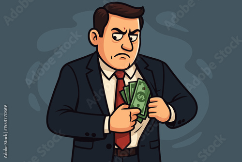 Corrupt businessman hiding cash in suit pocket. Bribery, embezzlement, financial fraud, illegal money, corporate crime, unethical business practices, corruption concept. Vector cartoon illustration