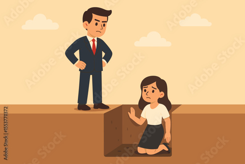 Gender inequality workplace concept. Businessman standing confidently above pit, businesswoman trapped below. Unfair treatment, discrimination, glass ceiling, career barrier, vector illustration