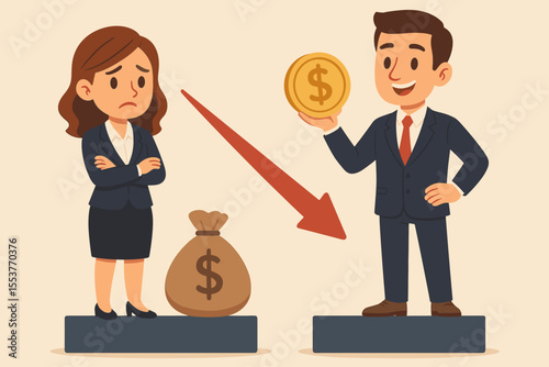 Gender Inequality Wage Gap Workplace Discrimination Cartoon. Businessman with More Money Than Businesswoman. Income Disparity, Unfair Pay. Vector Illustration.