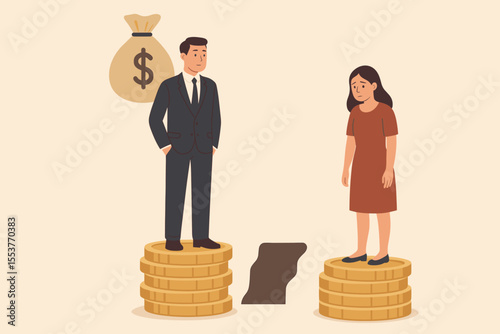 Gender pay gap concept showing wage inequality. Businessman on taller coin stack earns more than woman. Vector illustration of salary discrimination, sexism, and financial disparity.
