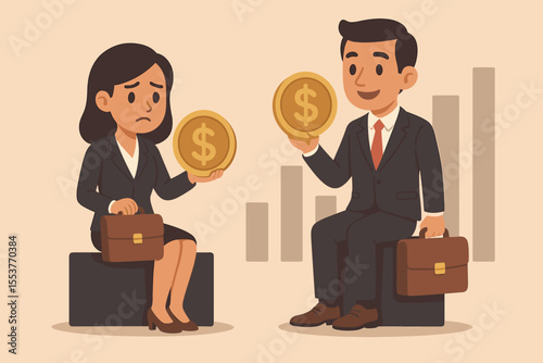 Gender Pay Gap Concept Businessman Businesswoman Salary Inequality Discrimination Workplace Vector Illustration Equal Pay Women Men Money Coins Office Career Finance Employment Rights