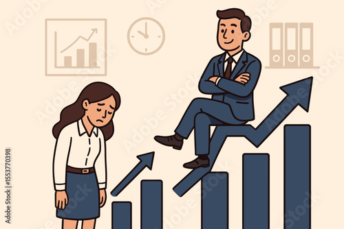 Workplace gender inequality concept. Sad businesswoman faces discrimination and unfair treatment. Man sits on growth chart, a metaphor for sexism, misogyny, and the glass ceiling.
