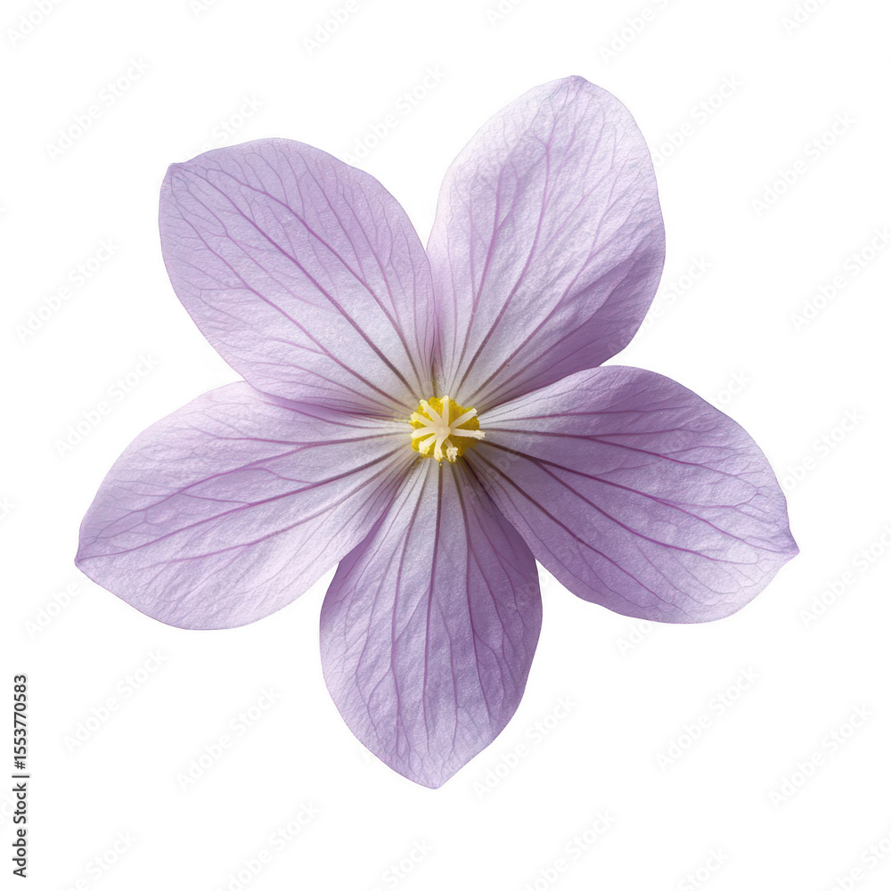 Obraz premium Delicate pale purple petals of a five petaled flower with visible veins and yellow center isolated on transparent background