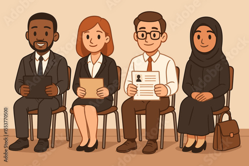 Diverse job applicants sitting in waiting area for employment interview, business attire, multicultural candidates, professional recruitment, career opportunity, human resources, vector illustration