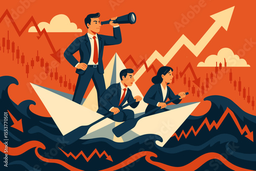 Business Team Navigating Volatile Financial Market in Paper Boat, Leadership and Strategy, Overcoming Crisis, Stock Market Fluctuations, Investment Risk, Success, Vector Illustration