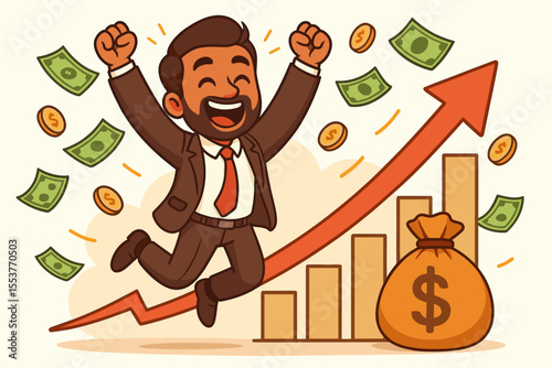 Excited businessman jumping for financial success, investment profit, income growth. Cartoon vector illustration of money, coins, upward graph, bar chart, wealth, business achievement, celebration