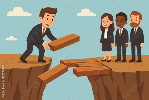 Business leader building wooden bridge to connect teamwork, leadership, problem solving, support, guidance, overcoming obstacles, helping diverse team cross gap, cartoon vector illustration