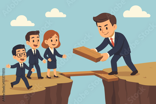 Business leader bridging gap for teamwork and success. Team crossing chasm with help, collaboration, support, guidance. Leadership concept, overcoming obstacles, cartoon vector illustration.
