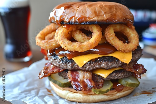 Double Stacked Burger with Bacon, Onion Rings and BBQ Sauce