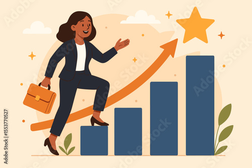 Business Growth Success Concept with Woman Climbing Bar Chart, Career Advancement, Support and Survival Strategies in Crisis, Professional Achievement Vector Illustration