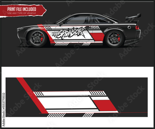 Racing Car Wrap Design with Red and White Graphics