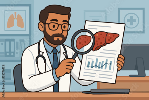 Cartoon doctor examining liver disease report with magnifying glass. Medical office analysis. Pathology results, liver health check, diagnosis, laboratory research, healthcare concept illustration