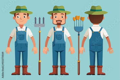 Farmer worker engaged in gardening activities wearing blue overalls and a straw hat in a sunny outdoor environment with gardening tools present