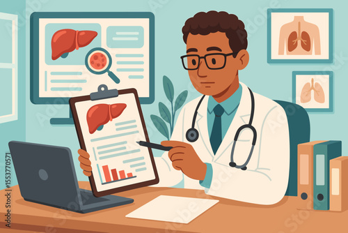 Medical Doctor Examining Liver Disease Pathology Results in Clinic Office, Laboratory Analysis, Healthcare Professional with Clipboard, Liver Health Diagnosis, Vector Cartoon Illustration